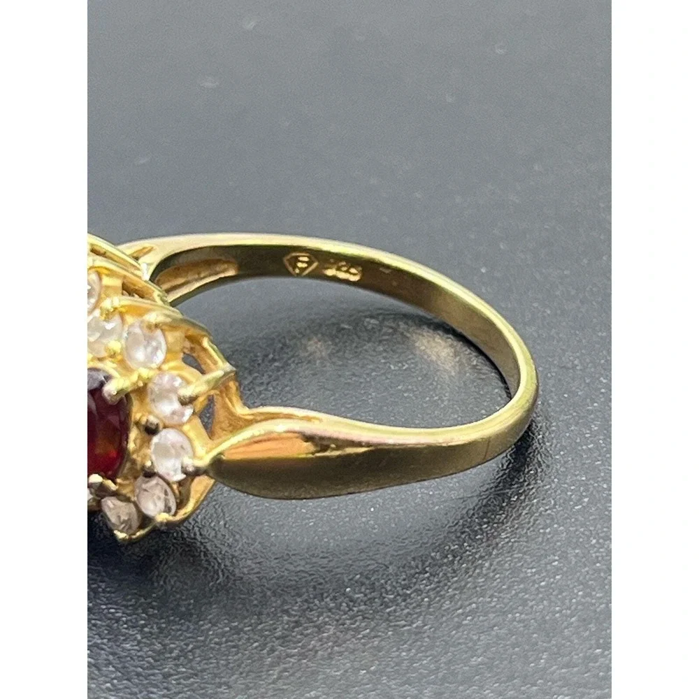 F Finecraft Vintage Vermeil Sterling  Oval Garnet Trilogy Halo CZ  Ring 9.25